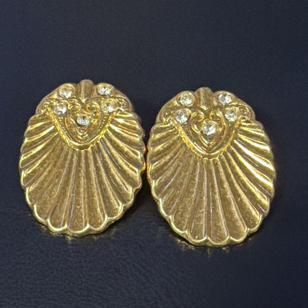 Vintage Gold Tone Rhinestone Shell Fan Clip On Earrings Pat 2783491